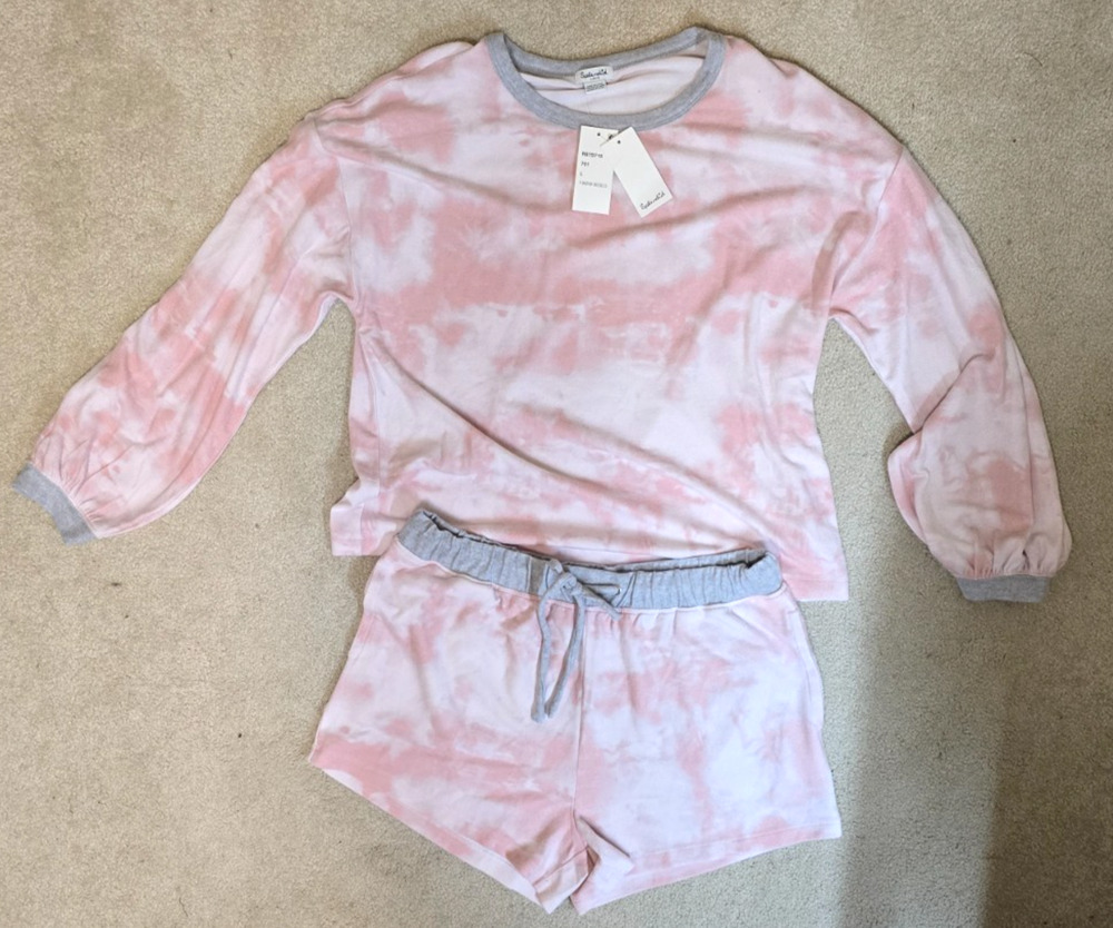 Splendid Womens Large Pink Tie Dye Pajama Lounge Set Long Sleeve Shorts NWT NEW